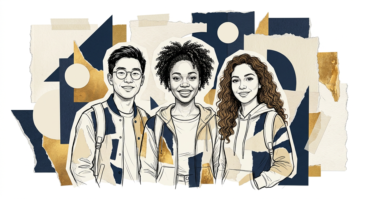 Editorial collage of three students reading and thinking